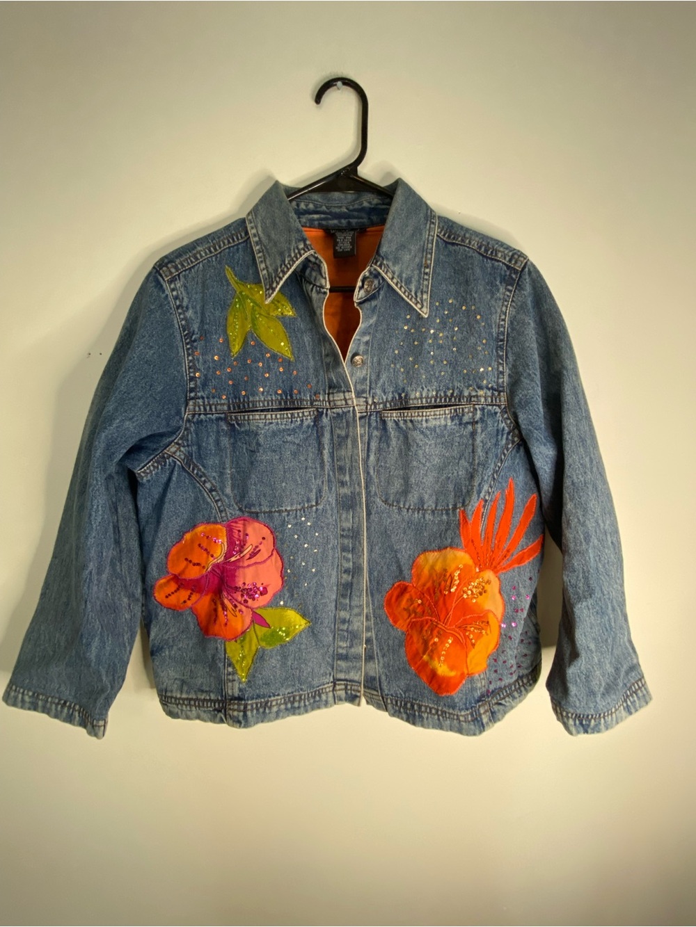 Girls Denim Jacket with Bright Orange & Pink Floral Accents